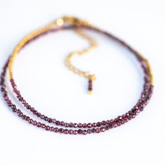 Tiny Garnet Beaded Choker Minimalist Layering Necklace Waterproof Gold PRETTY - Picture 2 of 11